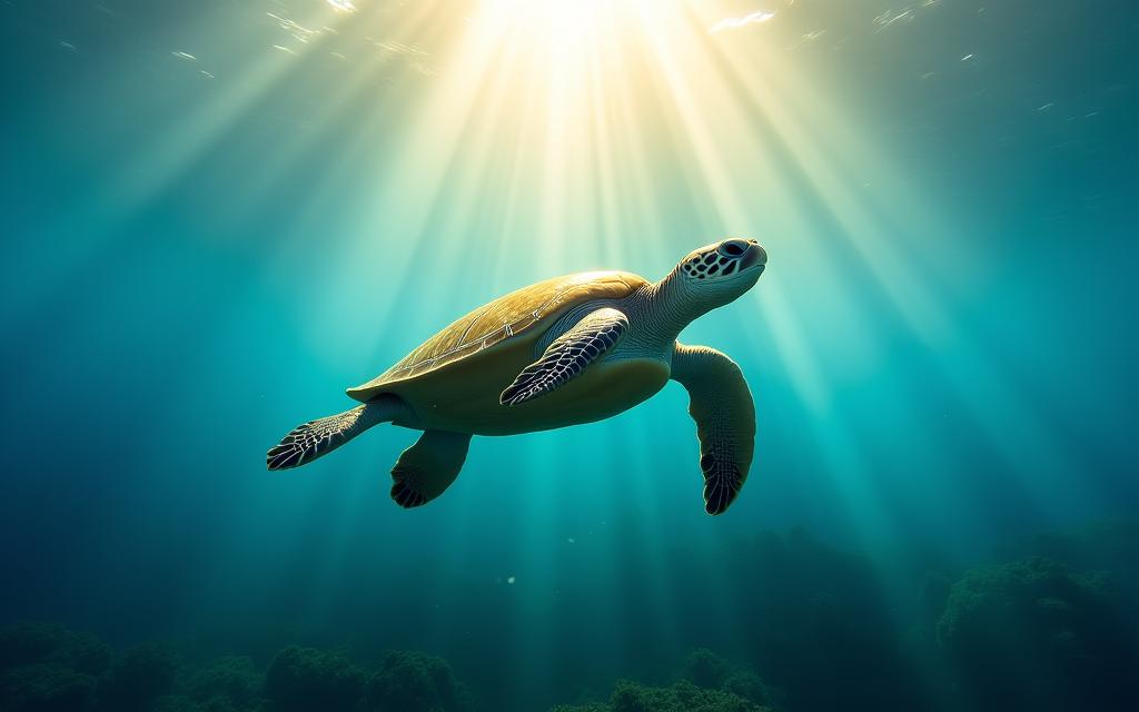澄んだ青い水中を泳ぐウミガメと水面に差し込む光