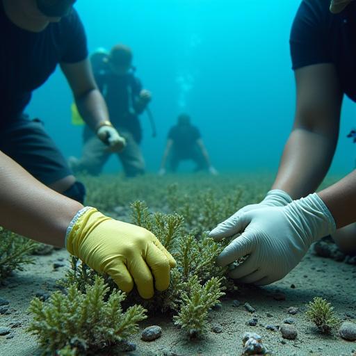 サンゴの苗を海底に植え付けているボランティア